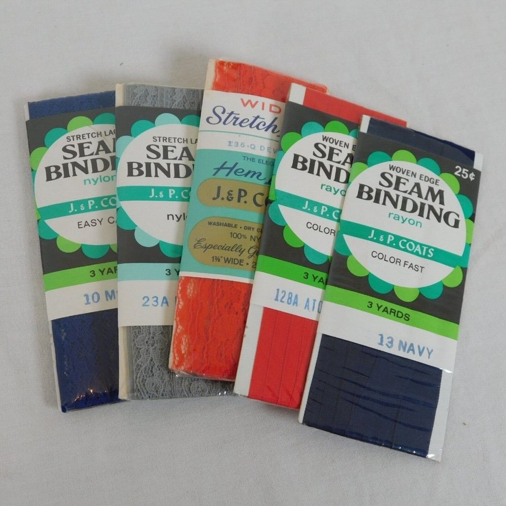 Seam Binding Tape Lot of 5 New Unopened Lace Woven J&P Coats Blue Red Gray Mix